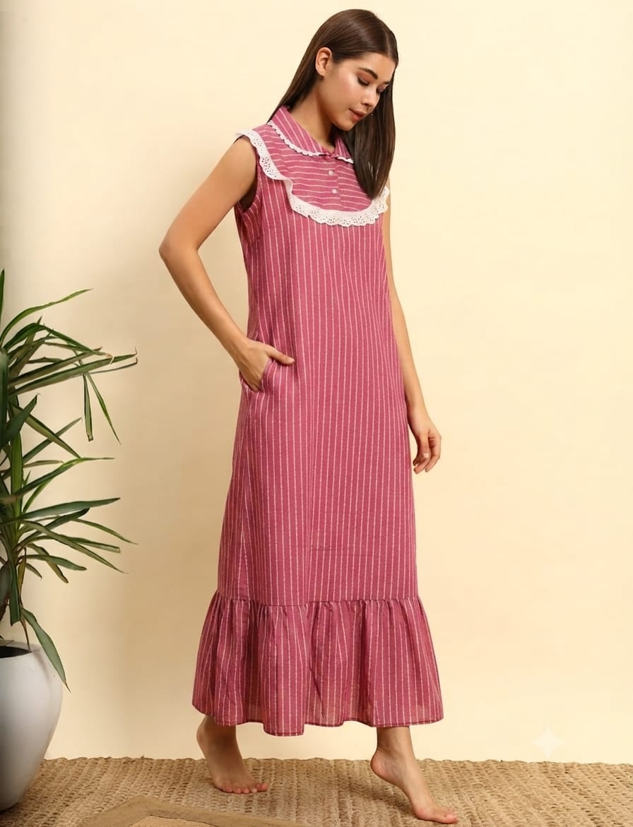 pink cotton Maxi Sleeveless Night Gown for Women sleeveless