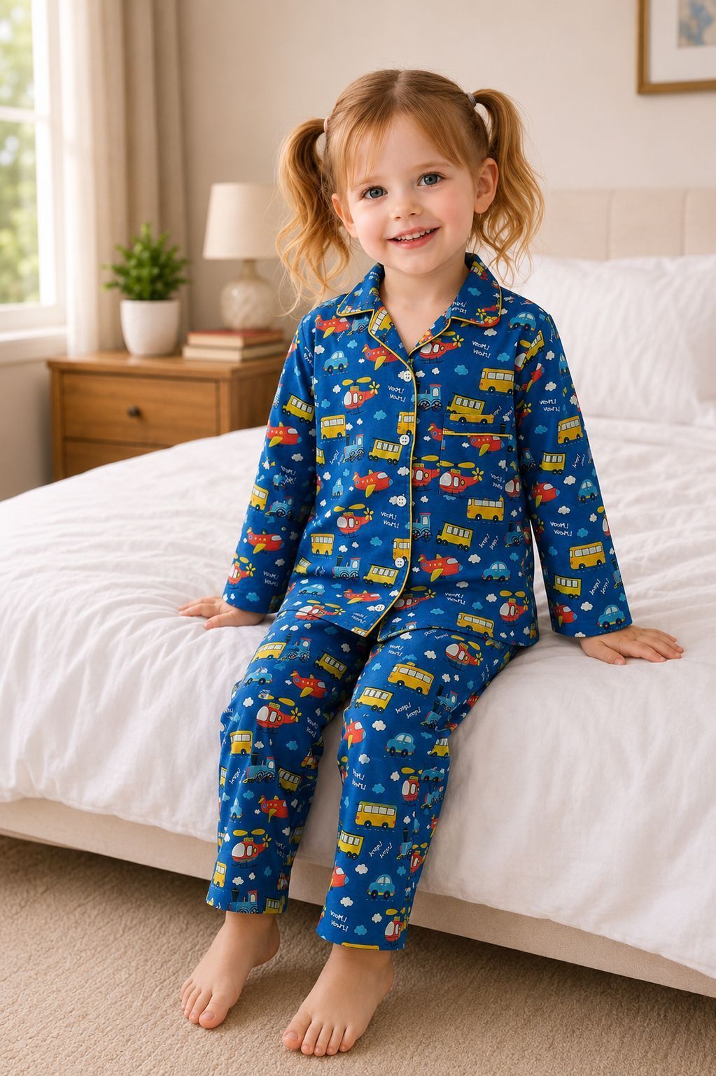 A young girl with blonde pigtails sits on a white bed wearing a blue long-sleeve pajama set with a colorful construction truck pattern. The pajamas feature a button-up front and matching pants.