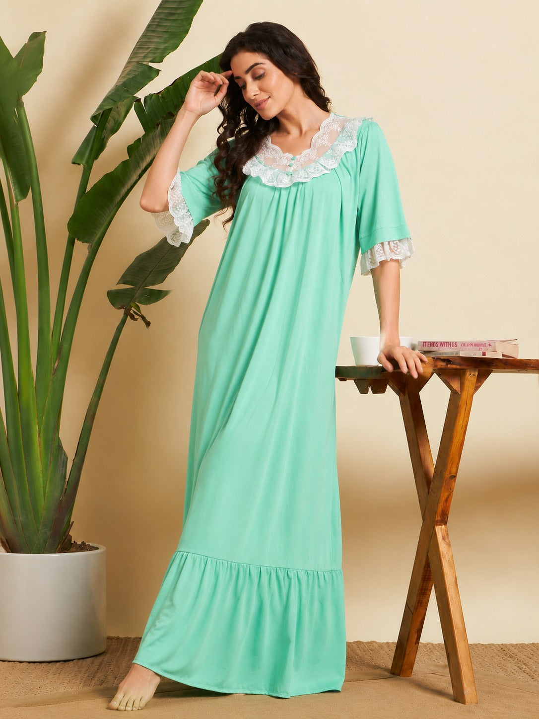 Mint Green Solid Night Gown with Lace Detail – Elegant & Comfortable Nightwear (Copy)