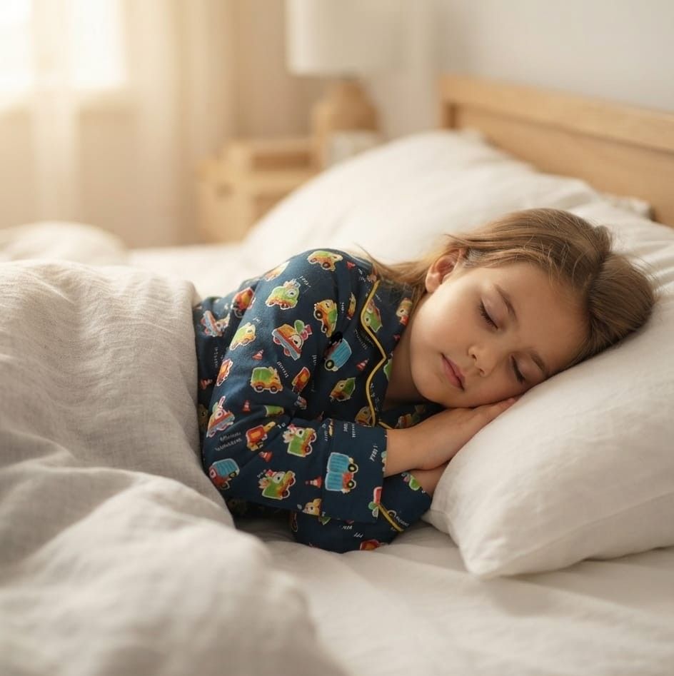 A child sleeping soundly on a bed wearing navy blue pajamas with a colorful cartoon pattern, surrounded by white bedding and a soft, warm bedroom background.