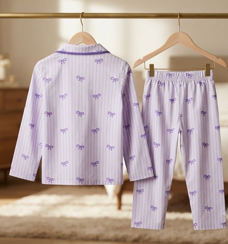 A two-piece pajama set hanging on wooden hangers from a gold clothing rack. The set includes a long-sleeve button-up shirt and matching pants, both in a light lavender-purple color with thin white vertical stripes and a repeating purple bow pattern.