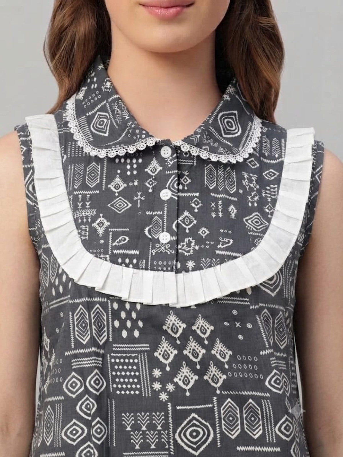 Sephani Pure Cotton Sleeveless Grey Printed Nighty for Women with Frill Hem | Soft & Breathable Night Gown