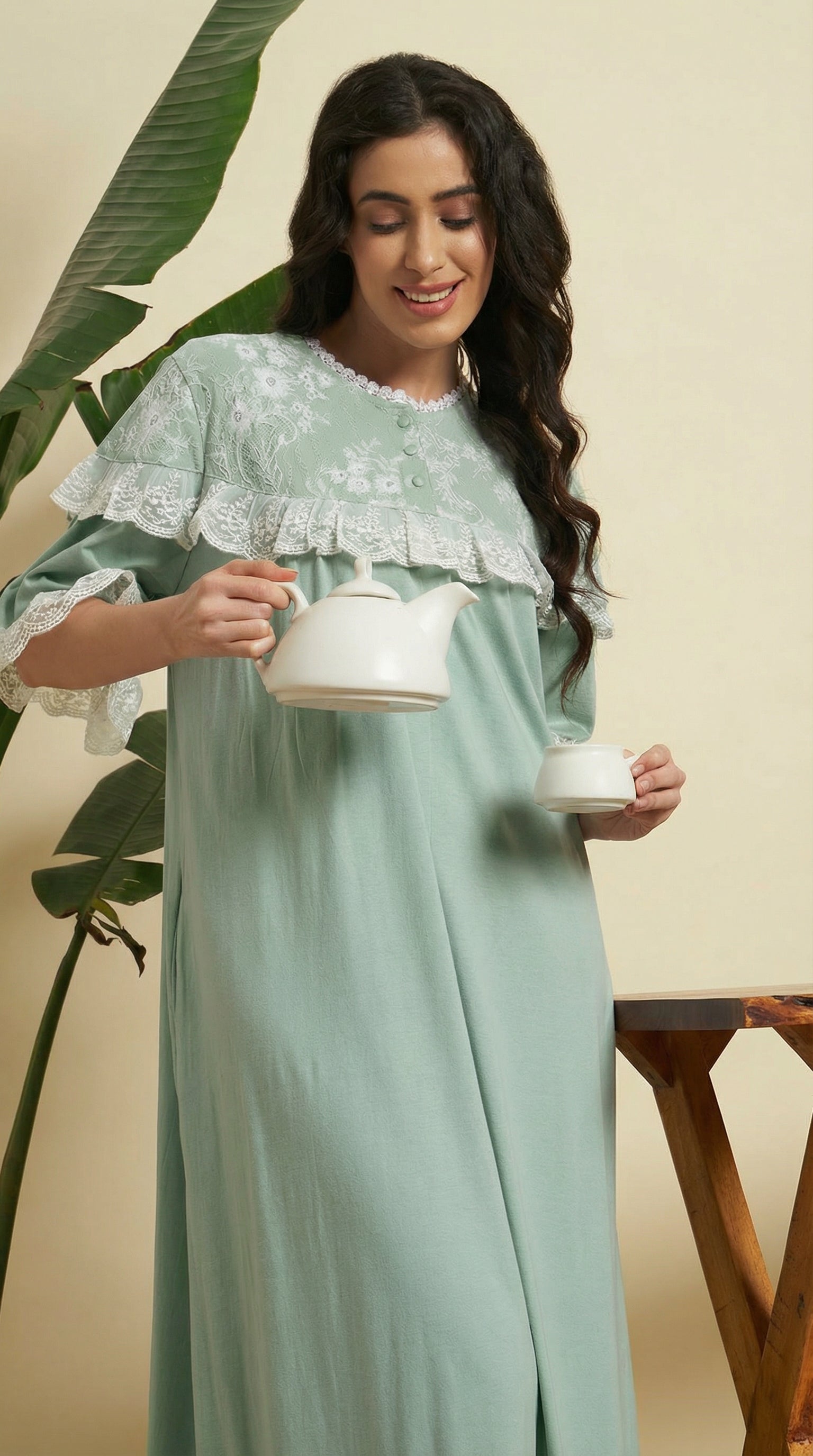 💚 Mint Green Solid Night Gown with Lace Detail – Elegant & Comfortable Nightwear
