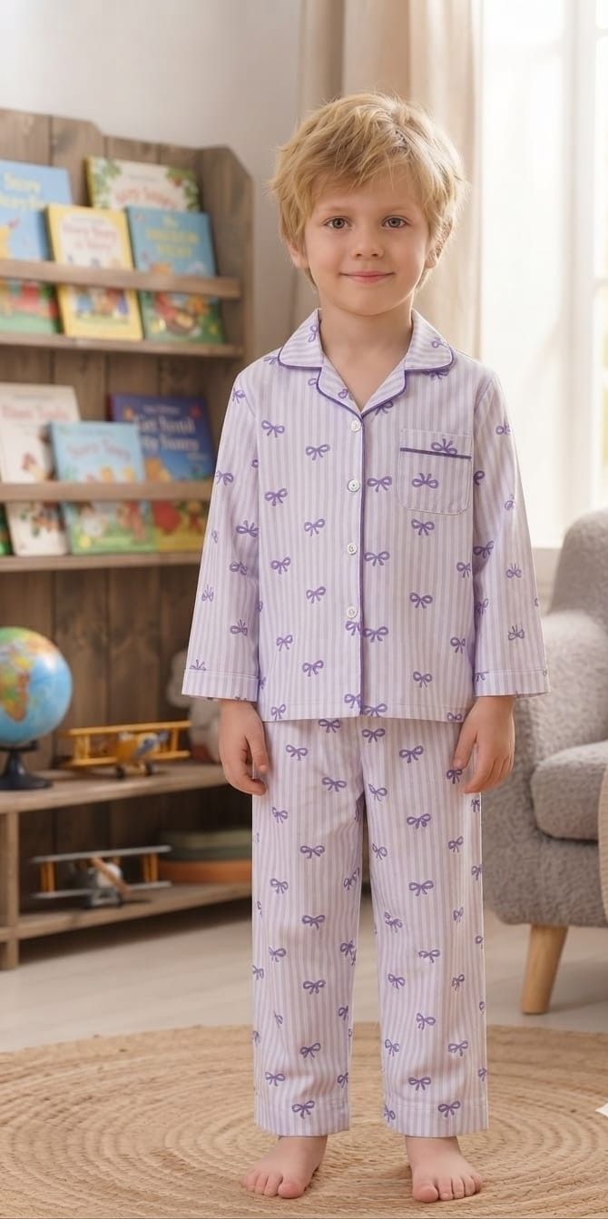A young boy wearing a light purple and white striped pajama set with a bow pattern, standing barefoot in a child's bedroom.