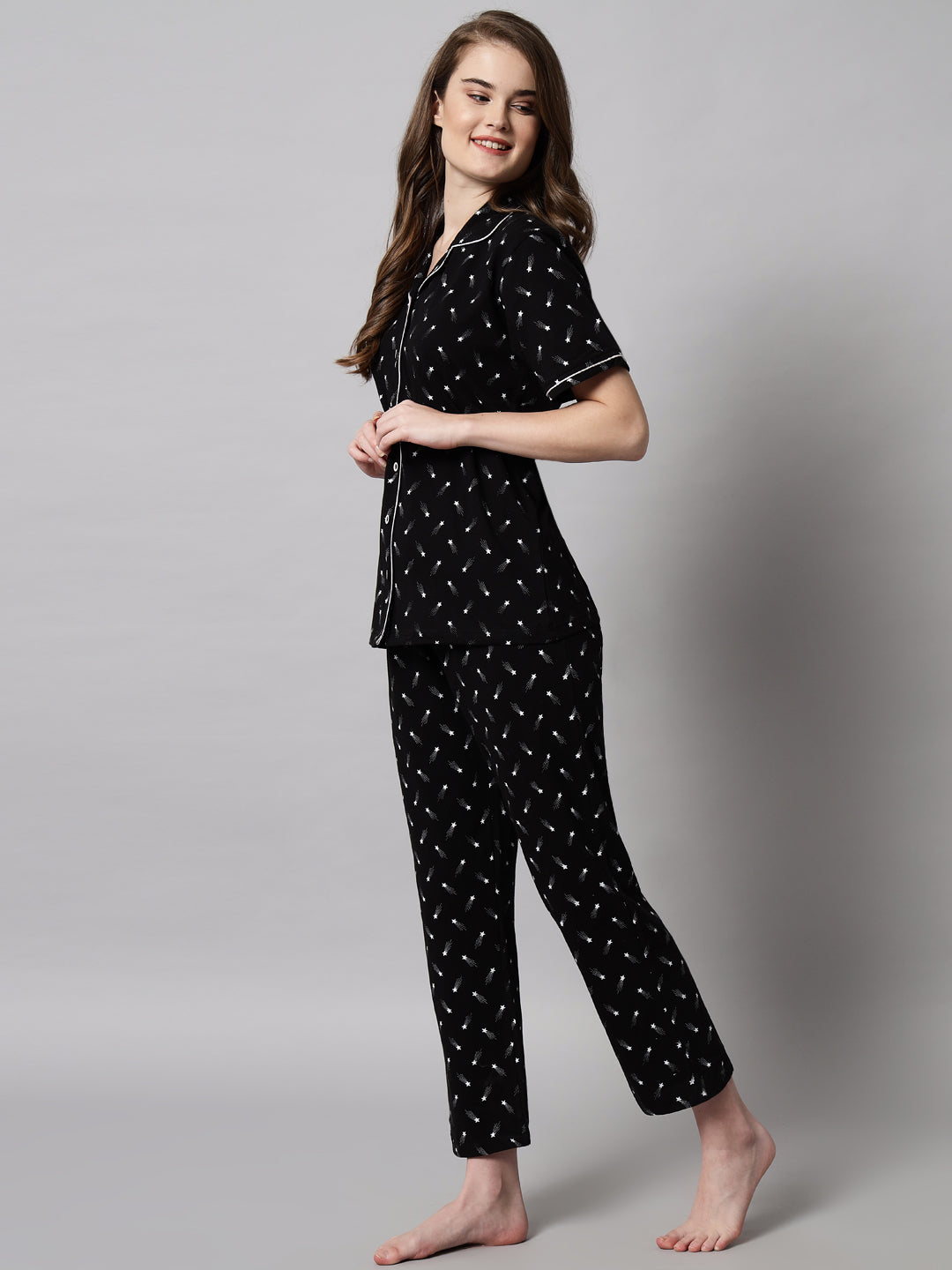 Printed Cotton Night Suit Set – Button-Down Top & Pajama Sleepwear