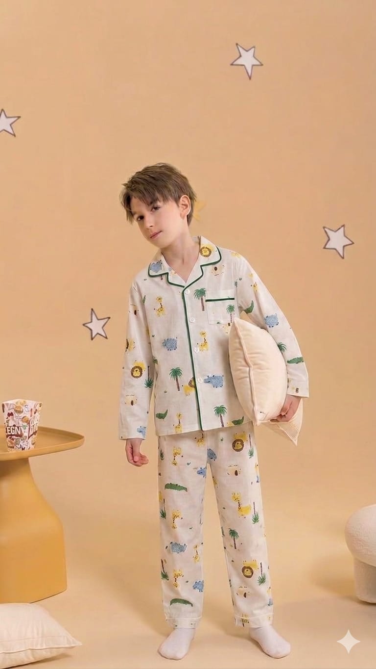 Kids Jungle Animal Print Night Suit Set | Cute Cotton Pajama Set for Boys | Soft & Comfortable Sleepwear