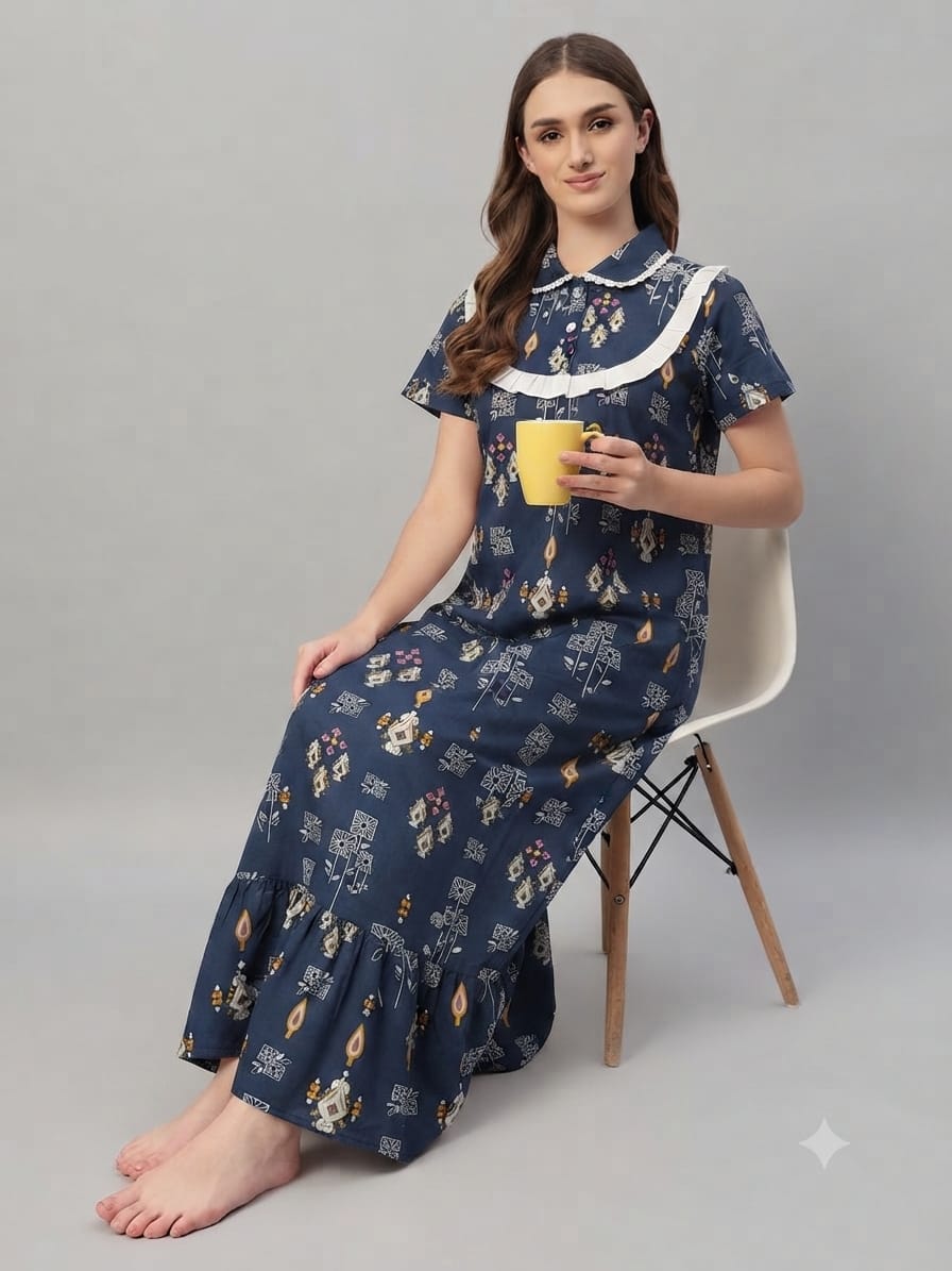 Elegant Navy blue abstract Cotton Nightdress with Frill Yoke – Soft & Breathable Sleepwear