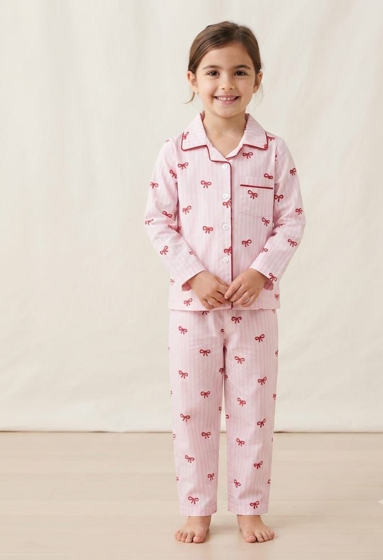 A young girl stands barefoot against a light cream fabric backdrop, wearing a pink long-sleeve pajama set with a subtle vertical stripe pattern and small red bow prints. The set includes a button-front top with a collar and chest pocket, paired with matching pants.