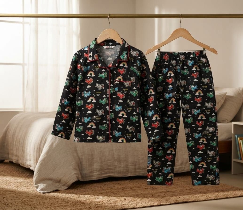 A two-piece pajama set hanging on wooden hangers in a bedroom setting. The set includes a long-sleeve button-front top and matching pants, both in black with a colorful cartoon dog print.