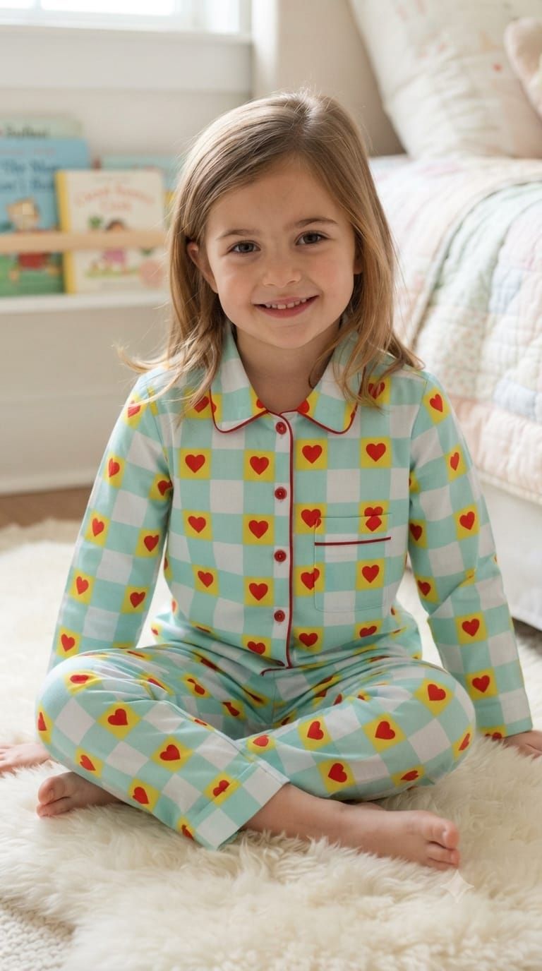 Sephani Multicolor Checkered Heart Print Nightsuit Set for Girls | Full Sleeve Kids Pajama Set