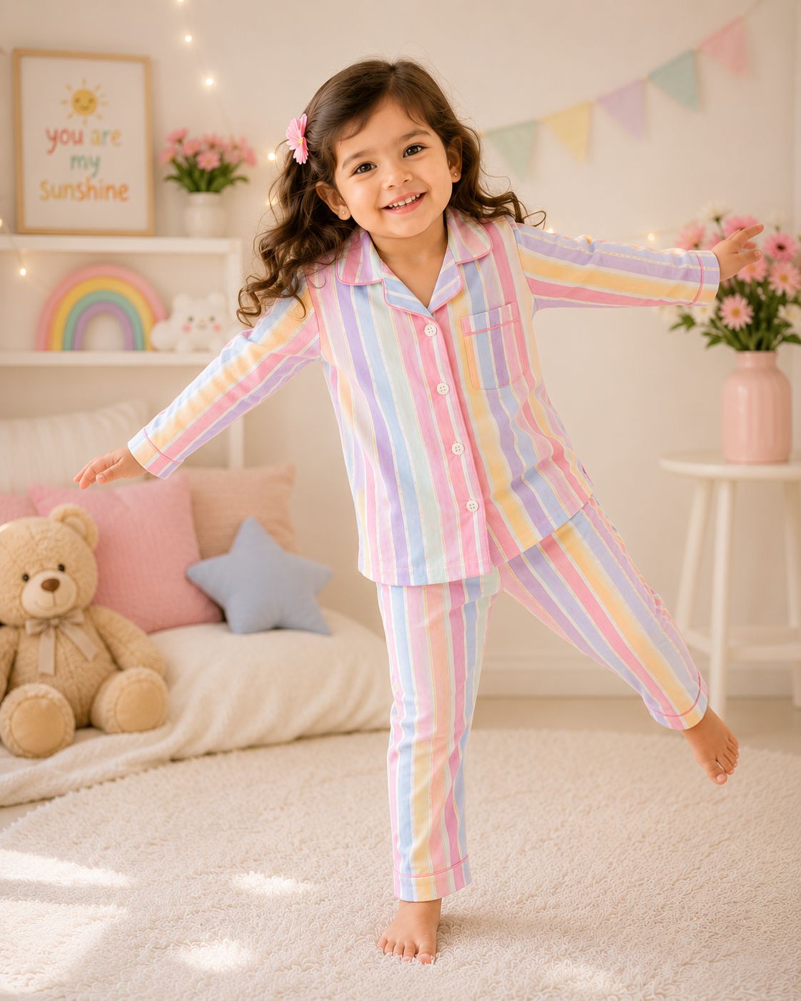 💕Kids Rainbow Print Night Suit Set | Cute Printed Cotton Pajama Set for Girls| Soft & Comfortable Sleepwear