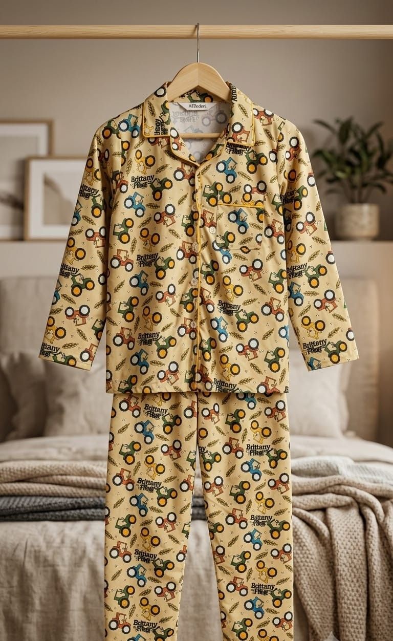 A two-piece pajama set hanging on a wooden hanger in front of a softly lit bedroom background. The set consists of a long-sleeve button-front top and matching pants in a warm beige base fabric covered with a playful all-over print of colorful tractors and farm vehicles.