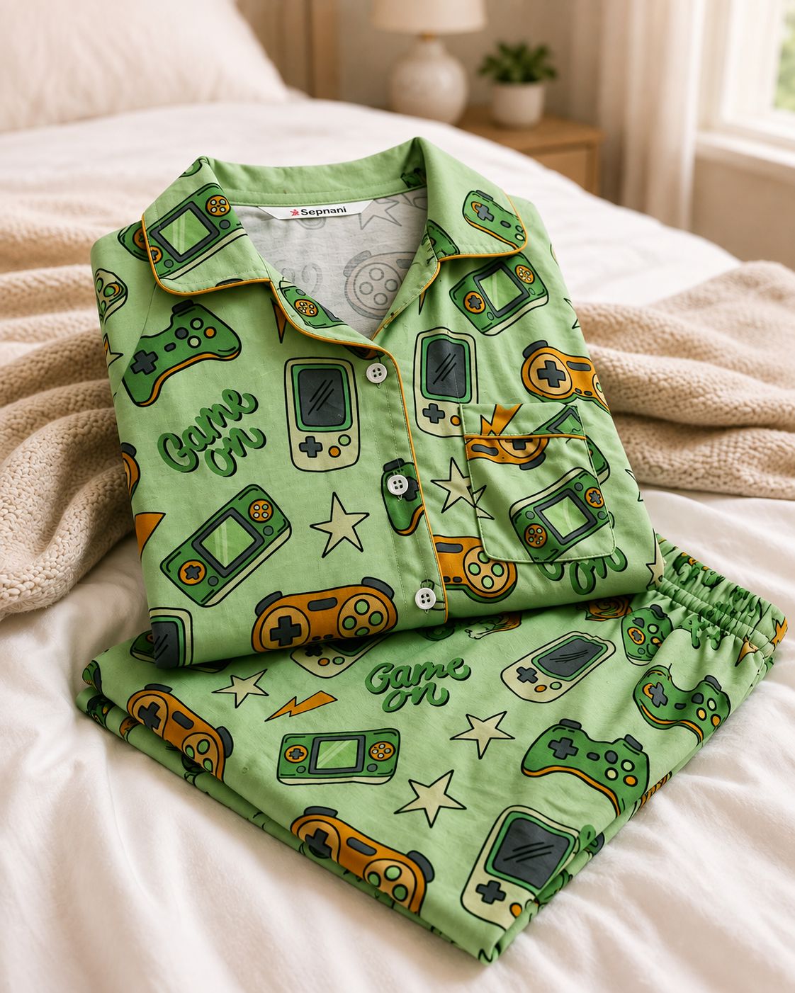 A folded light green pajama set with a retro video game controller and console print, displayed on a white bed with a beige blanket.