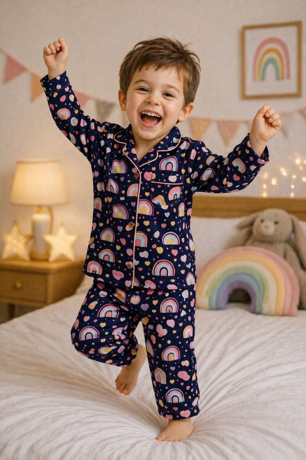 🌈💖🌈Cute Rainbow Print Cotton Kids Night Suit – Soft & Comfortable kids Sleepwear Set