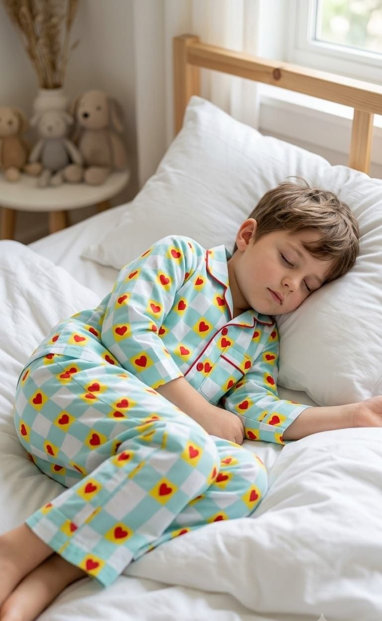 A young boy sleeping soundly on a white bed, wearing a light blue and white checkered pajama set with red and yellow heart patterns. The background shows a wooden headboard, white pillows, and a softly lit bedroom setting.