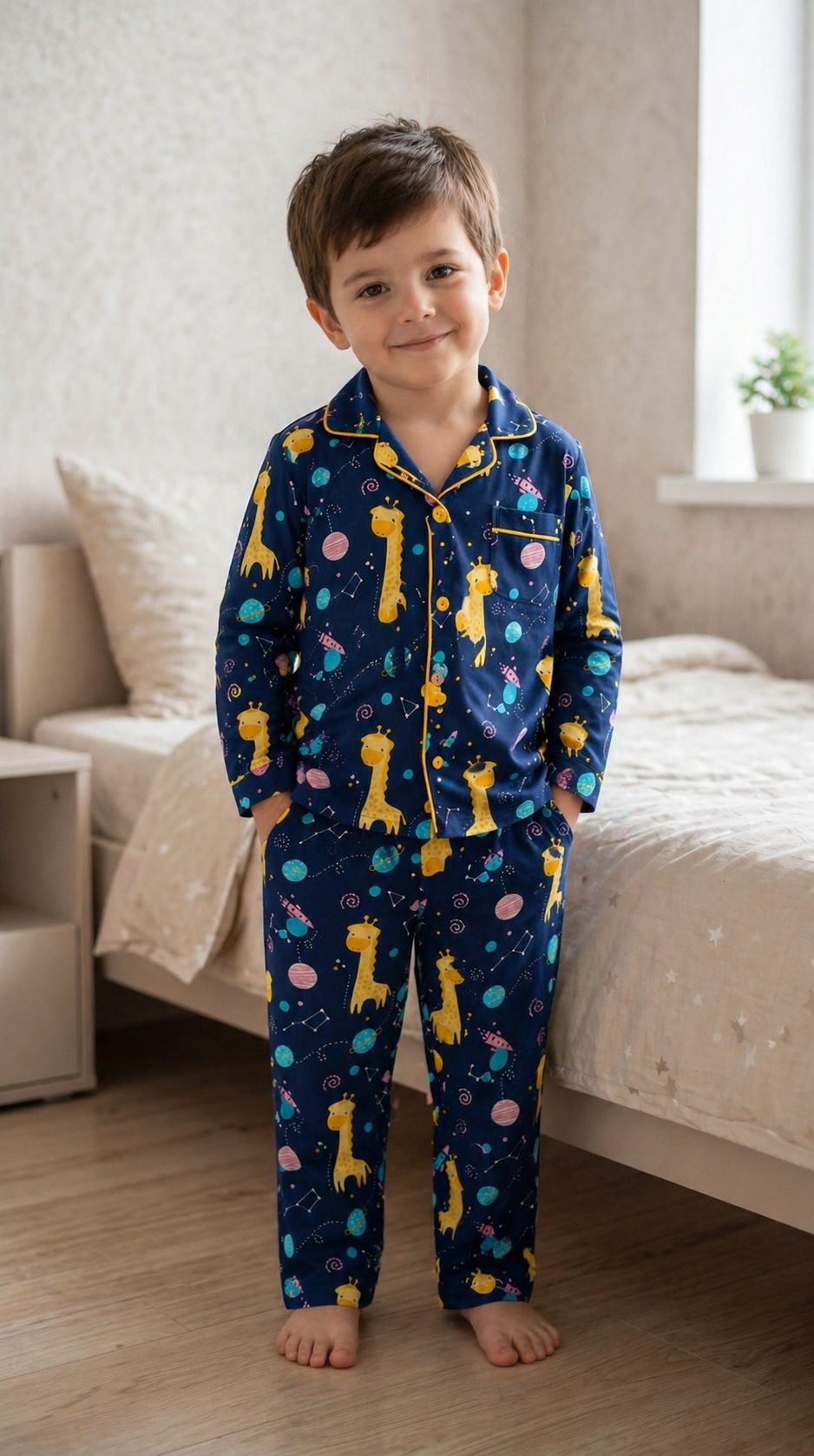 🦒💖🦒Kids Giraffe Space Print Night Suit Set | Cute Cotton Pajama Set for Boys | Soft & Comfortable Sleepwear