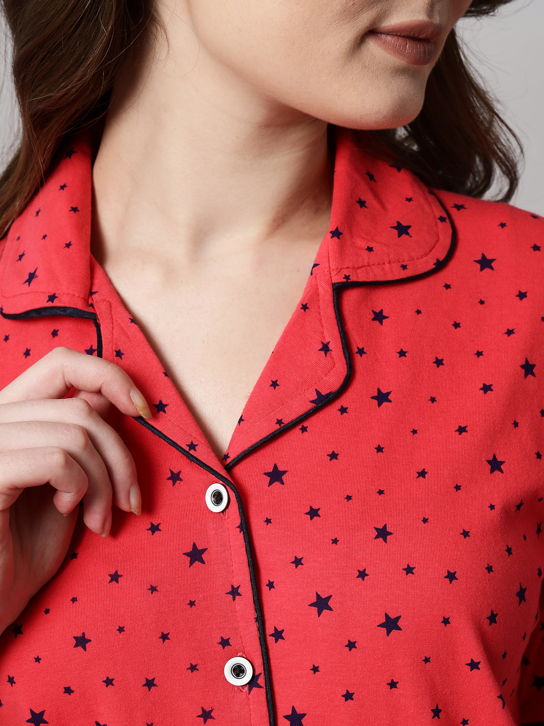 Red Printed Cotton Night Suit Set – Button-Down Top & Pajama Sleepwear