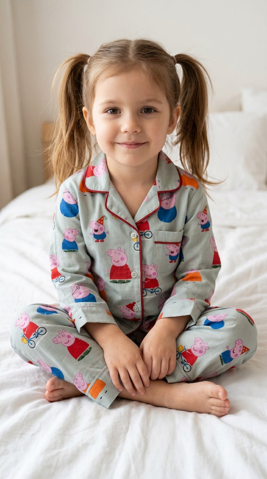 💕🦒Kids Printed Night Suit Set | Cute Cartoon Pig Print Cotton Nightwear | Soft & Comfortable Sleepwear for Girls