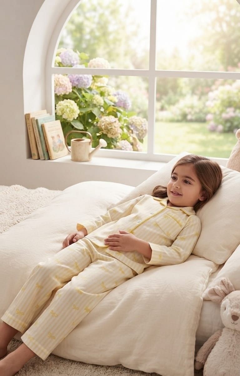 A young girl wearing a pale yellow and white striped pajama set lies on a bed with white bedding, looking toward the camera in a bright bedroom with a window and flowers outside.