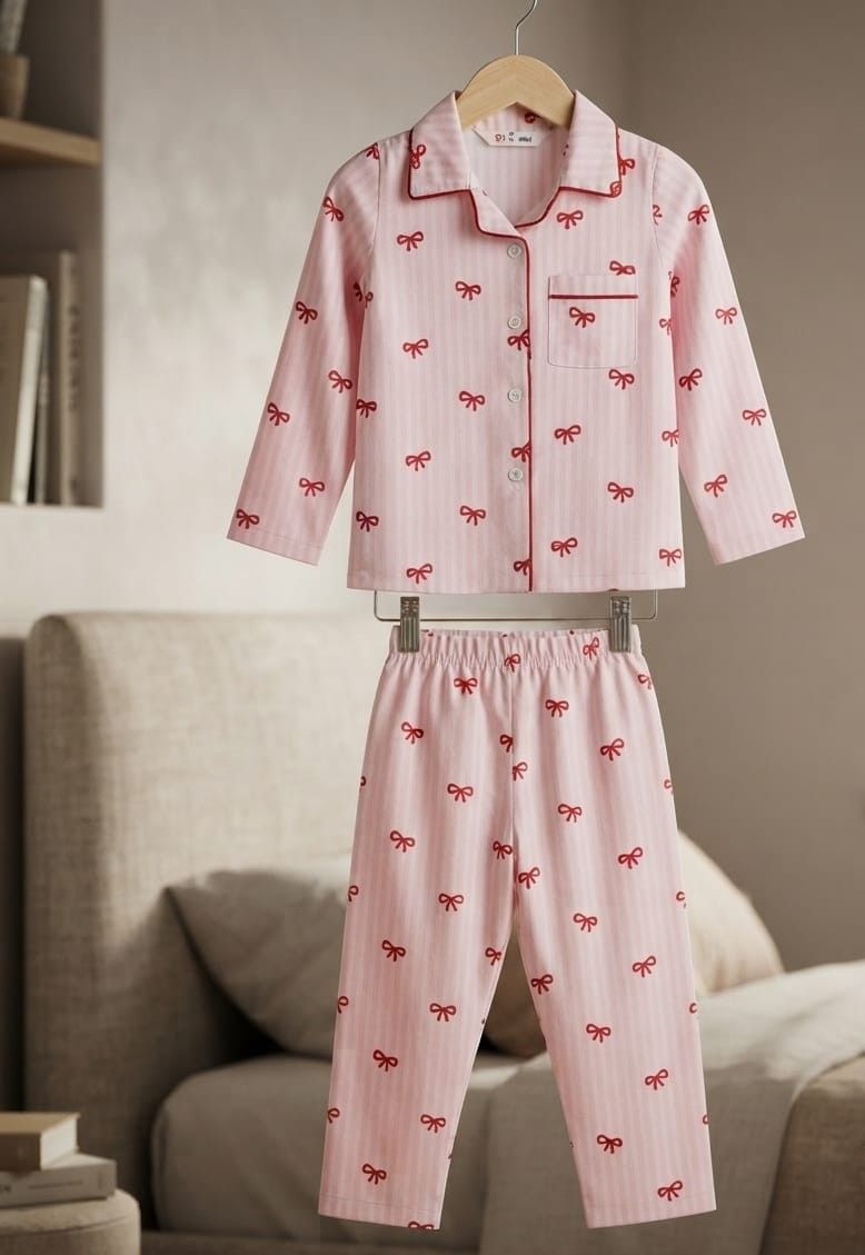A two-piece children's pajama set hanging on a hanger in a bedroom setting. The set includes a long-sleeve button-front top and matching pants, both in a light pink color with a repeating pattern of small red bows.