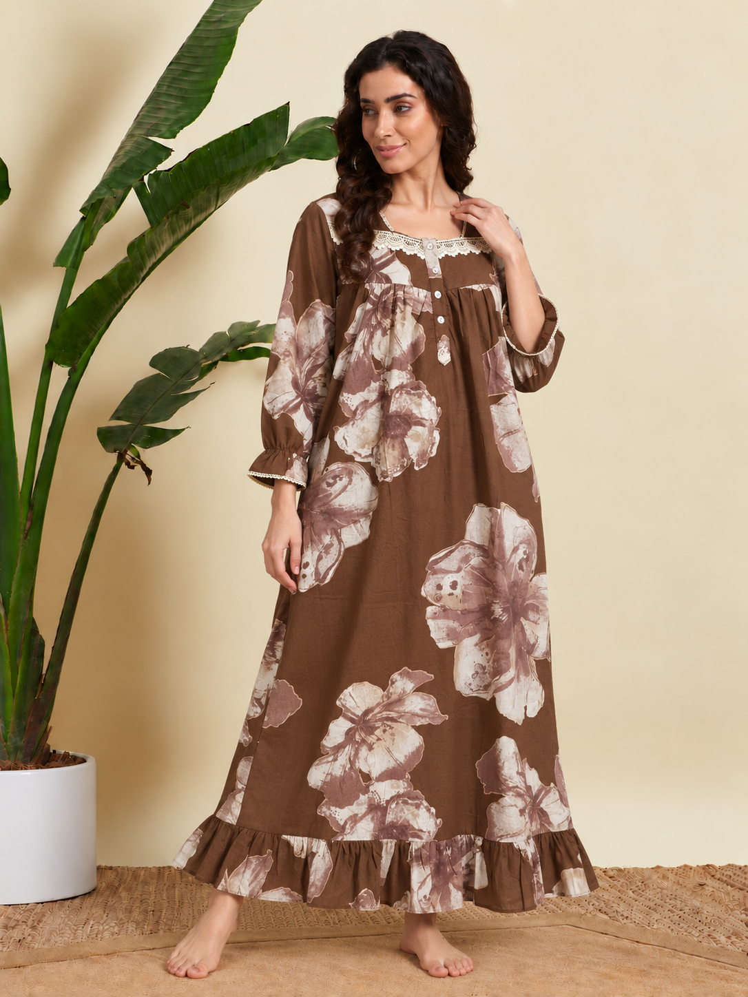 Sephani women’s cotton nightgown with front button and lace detailing