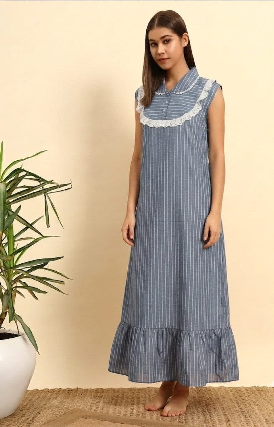 Sephani Women's Blue Striped Cotton Nightgown with Peter Pan Collar & Lace Trim | Sleeveless Maxi Nightdress