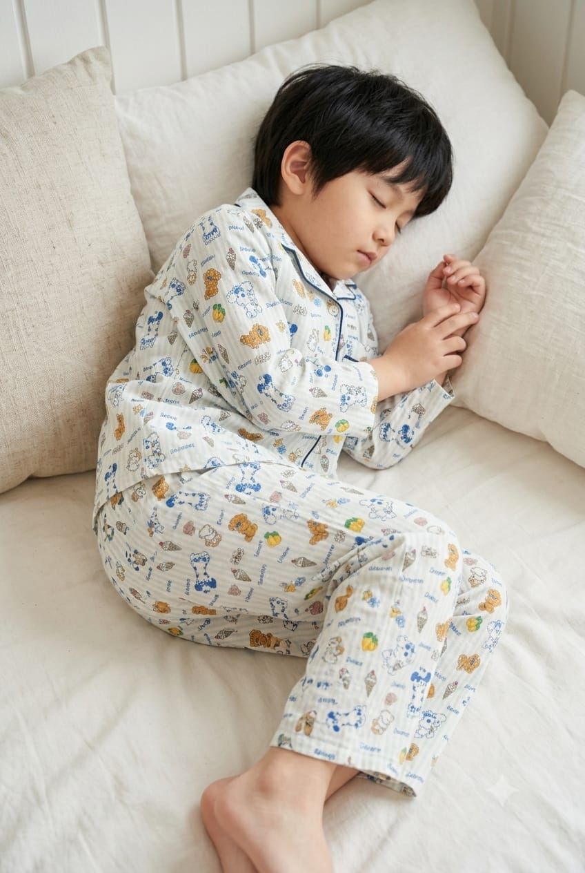 A young child sleeping soundly on a bed, wearing a long-sleeve pajama set with a cute multicolor cartoon animal print on a white background.