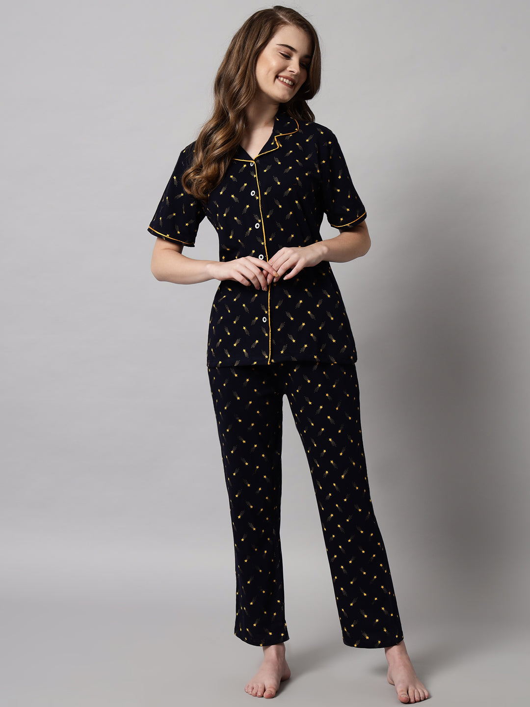 Black Printed Cotton Night Suit Set – Button-Down Top & Pajama Sleepwear