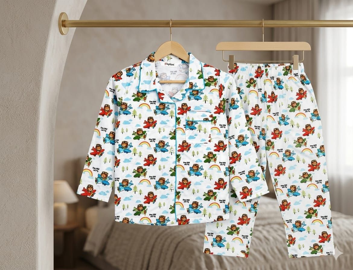 A two-piece children's pajama set hanging on wooden hangers from a gold rod in a softly lit bedroom. The set includes a long-sleeve button-front top and matching pants, both printed with a colorful cartoon pattern of children, rainbows, clouds, and small trees on a white background.