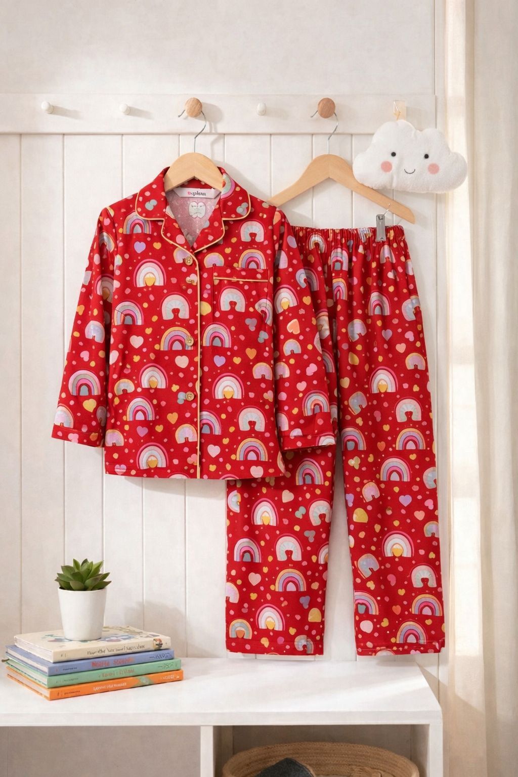 💕Kids Rainbow Print Night Suit Set | Cute Red Cotton Pajama Set for Girls| Soft & Comfortable Sleepwear