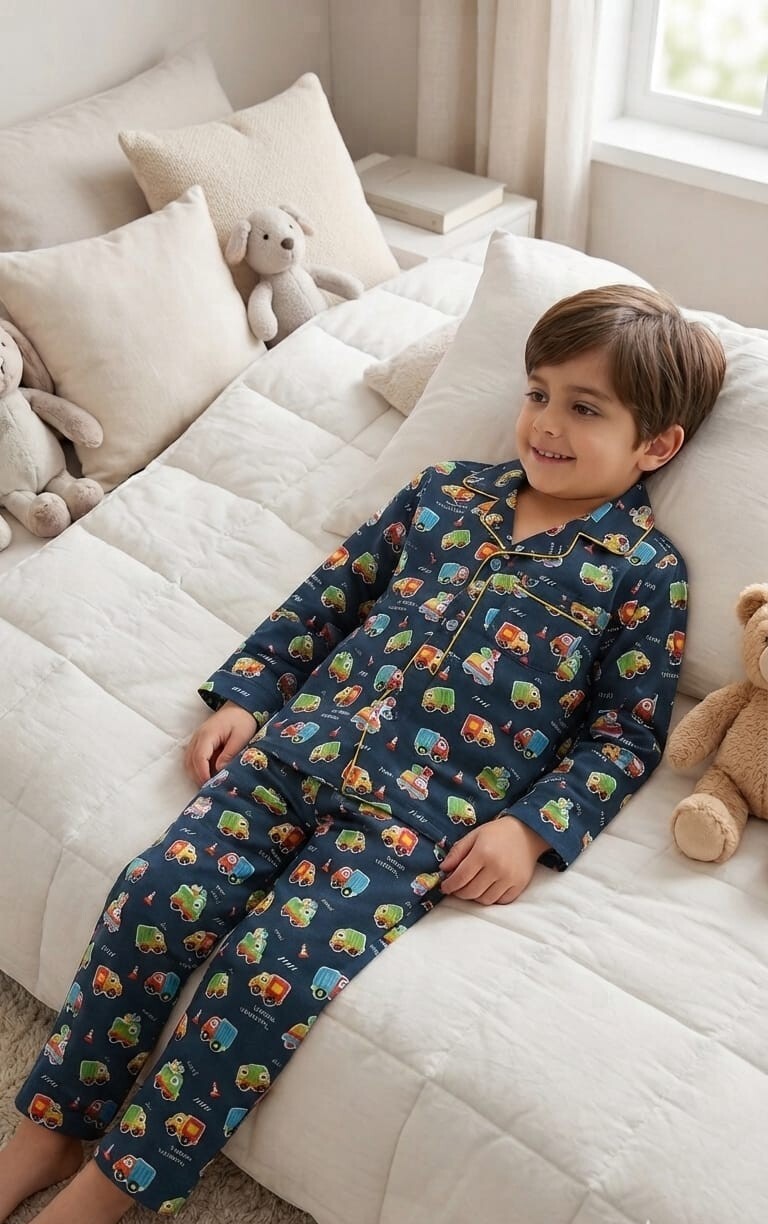 A young boy wearing a navy blue long-sleeve pajama set with a colorful cartoon truck pattern, lying on a white quilted bed with stuffed toys and pillows.
