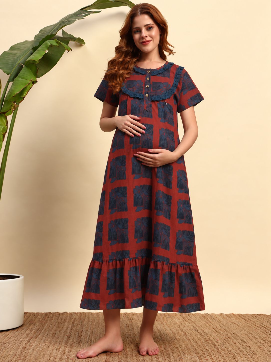 Sephani red navy full length maternity nighty for women