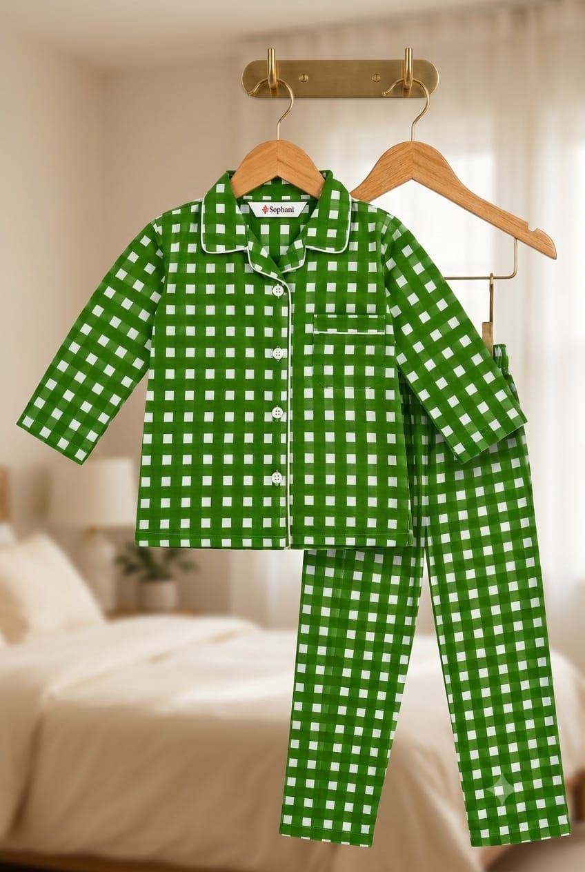A two-piece children's pajama set with a green and white gingham check pattern, featuring a long-sleeve button-front top and matching pants, displayed on wooden hangers against a softly blurred bedroom background.