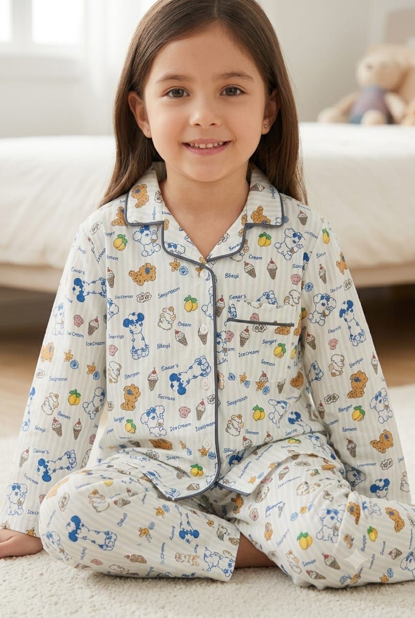 A young girl sitting on a white carpet in a bedroom, wearing a long-sleeve pajama set with a white base and a colorful cartoon print of bears, ice cream cones, and strawberries. The pajamas have dark blue piping along the collar, placket, and pocket.