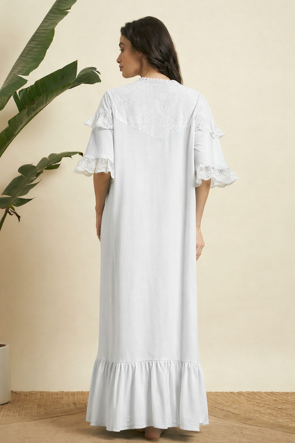 Classic White Lace Yoke Cotton Nighty – Elegant Full-Length Comfort Wear