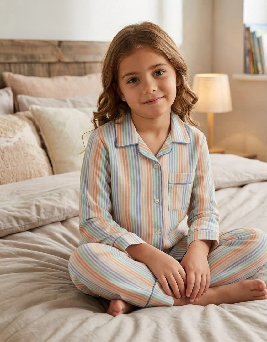 💕Kids Rainbow Print Night Suit Set | Cute Printed Cotton Pajama Set for Girls| Soft & Comfortable Sleepwear