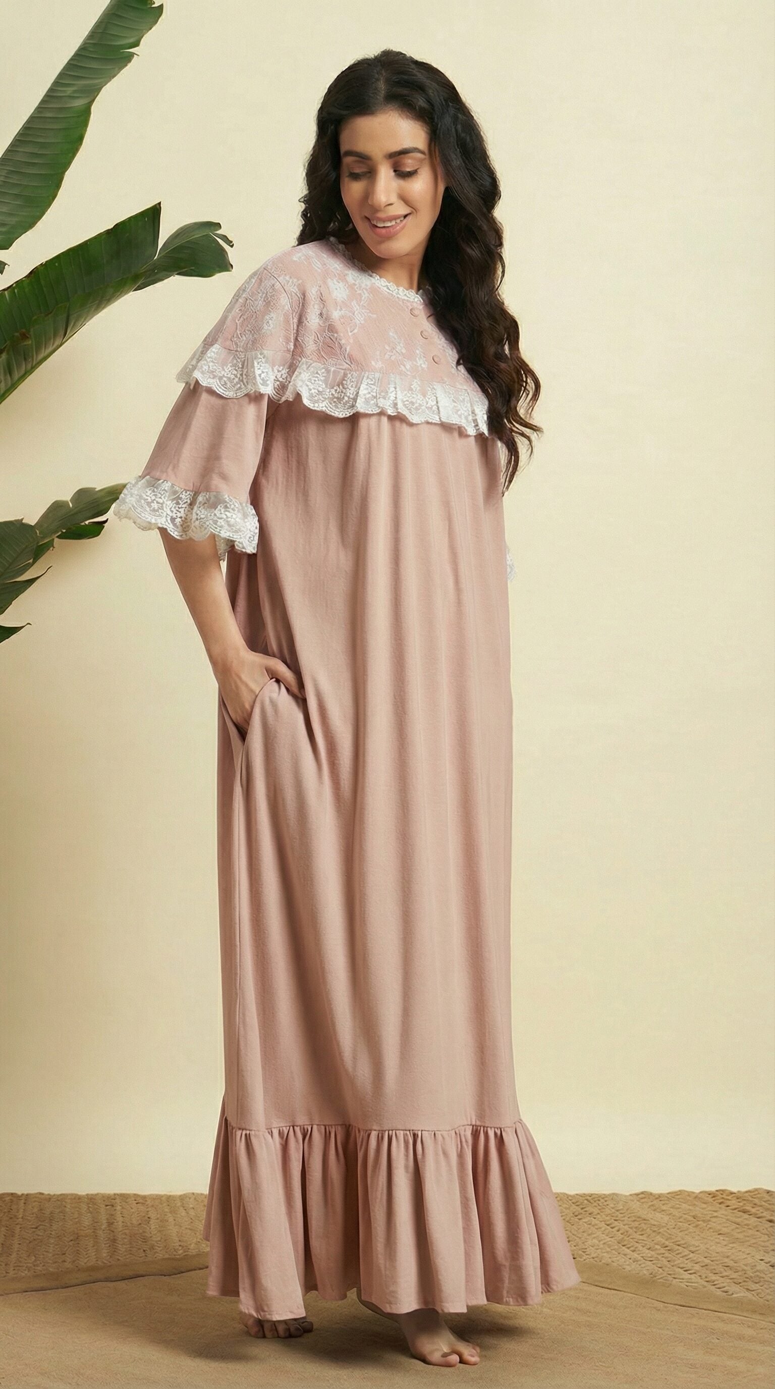 Classic Beige Lace Yoke Cotton Nighty – Elegant Full-Length Comfort Wear