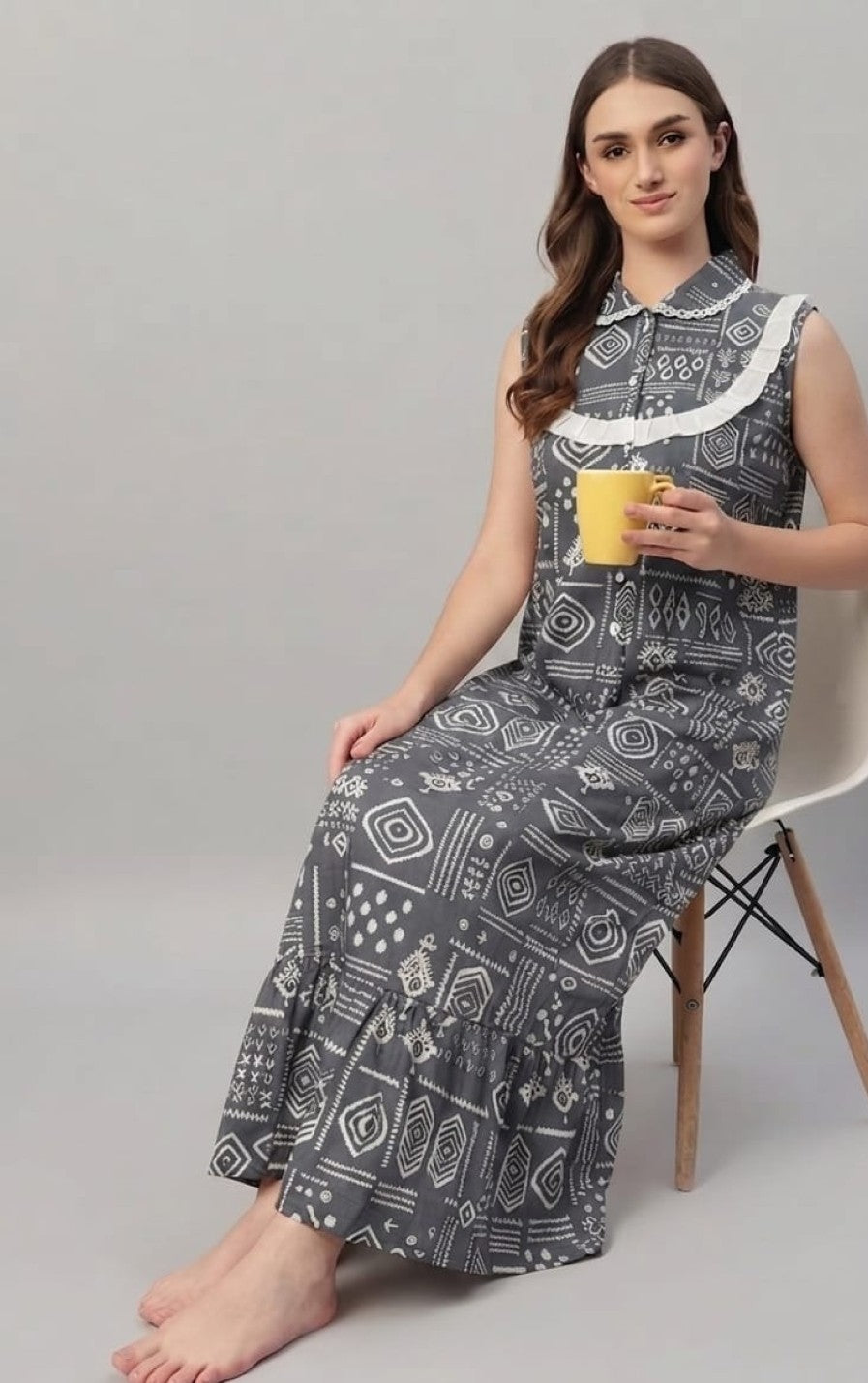 Sephani Pure Cotton Sleeveless Grey Printed Nighty for Women with Frill Hem | Soft & Breathable Night Gown