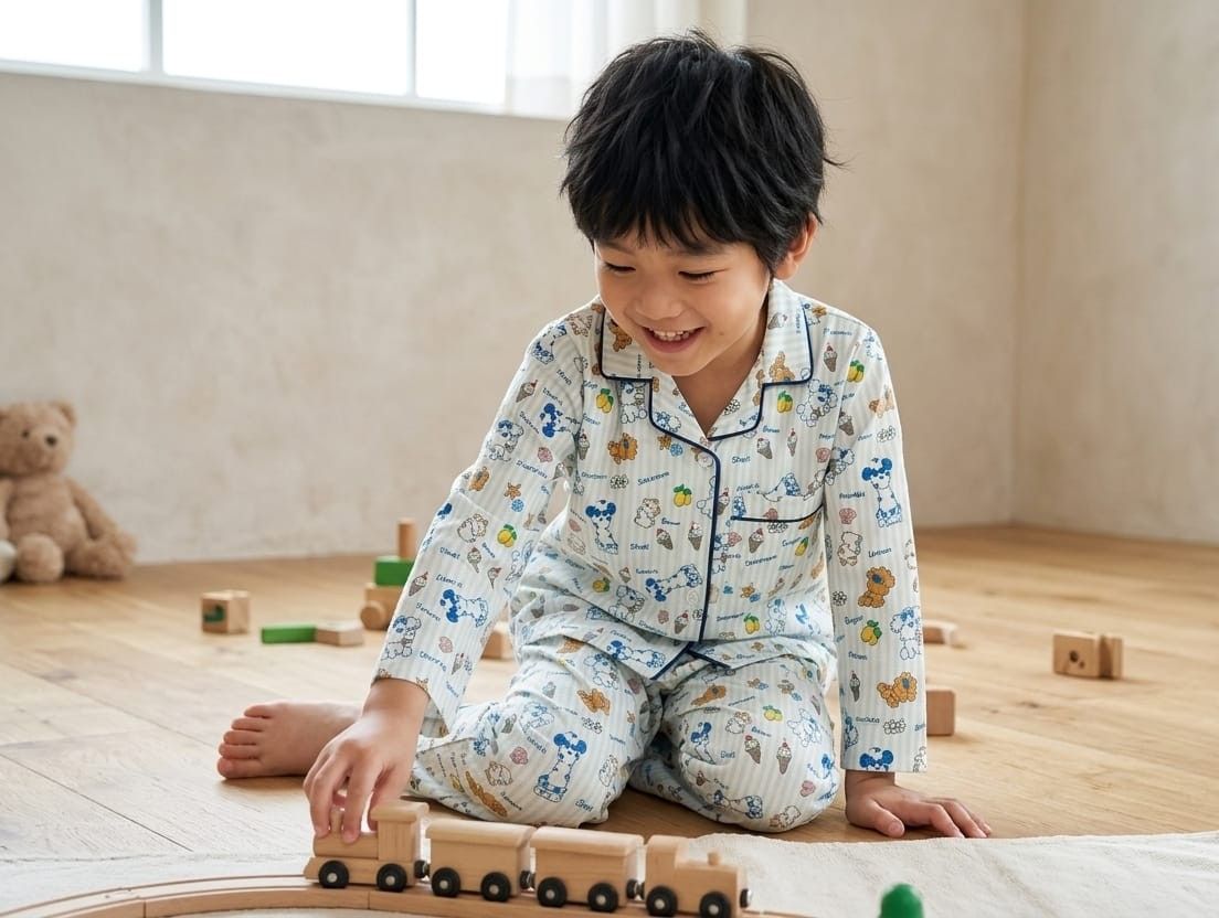 A young child sitting on a wooden floor in a bright room, wearing a white long-sleeve pajama set with a colorful cartoon animal print and dark piping. The child is smiling and playing with a small wooden train.