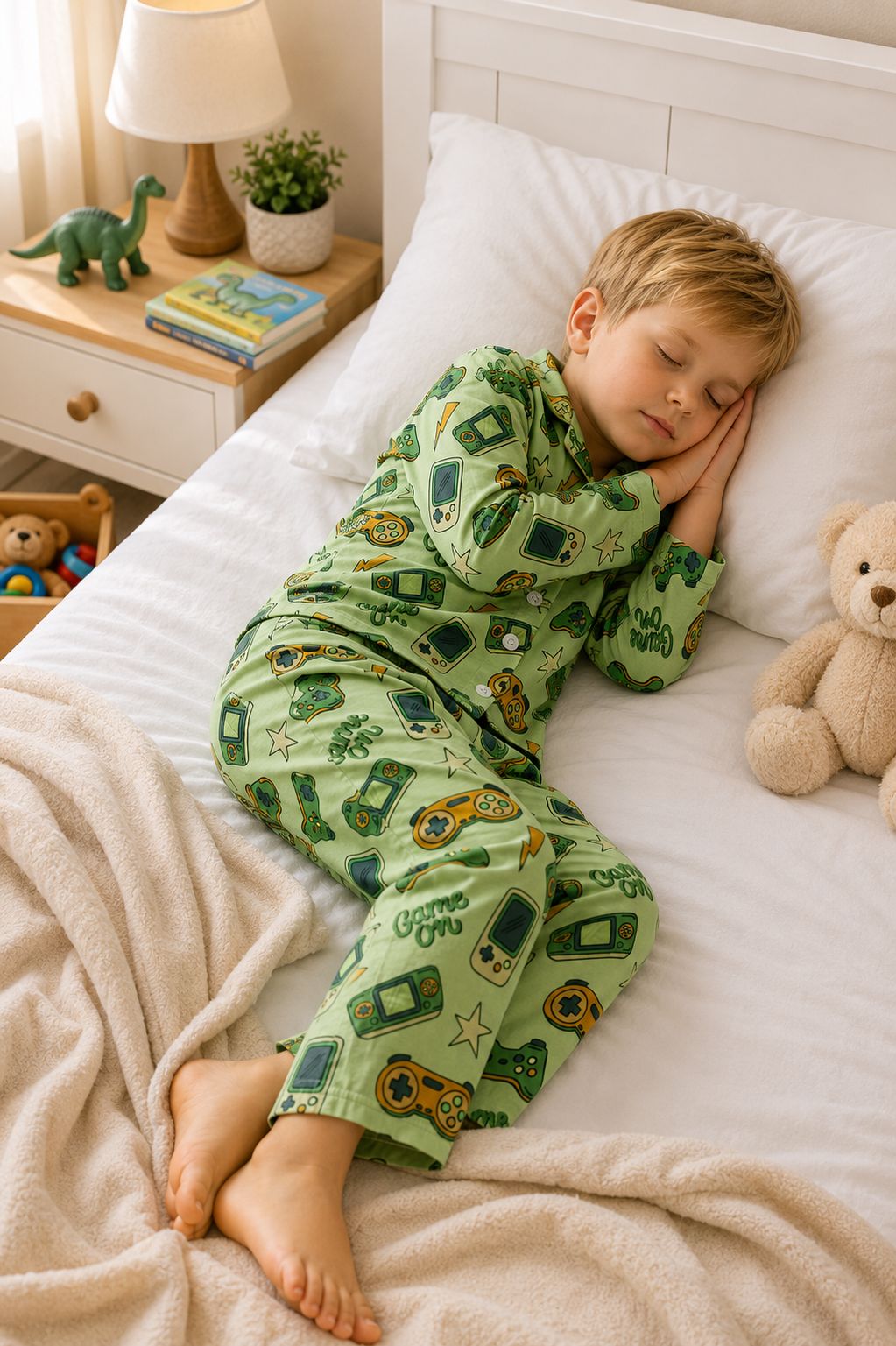 Sephani Boys Light Green Gaming Print Cotton Night Suit Set | Full Sleeve Button-Down Pajama Set