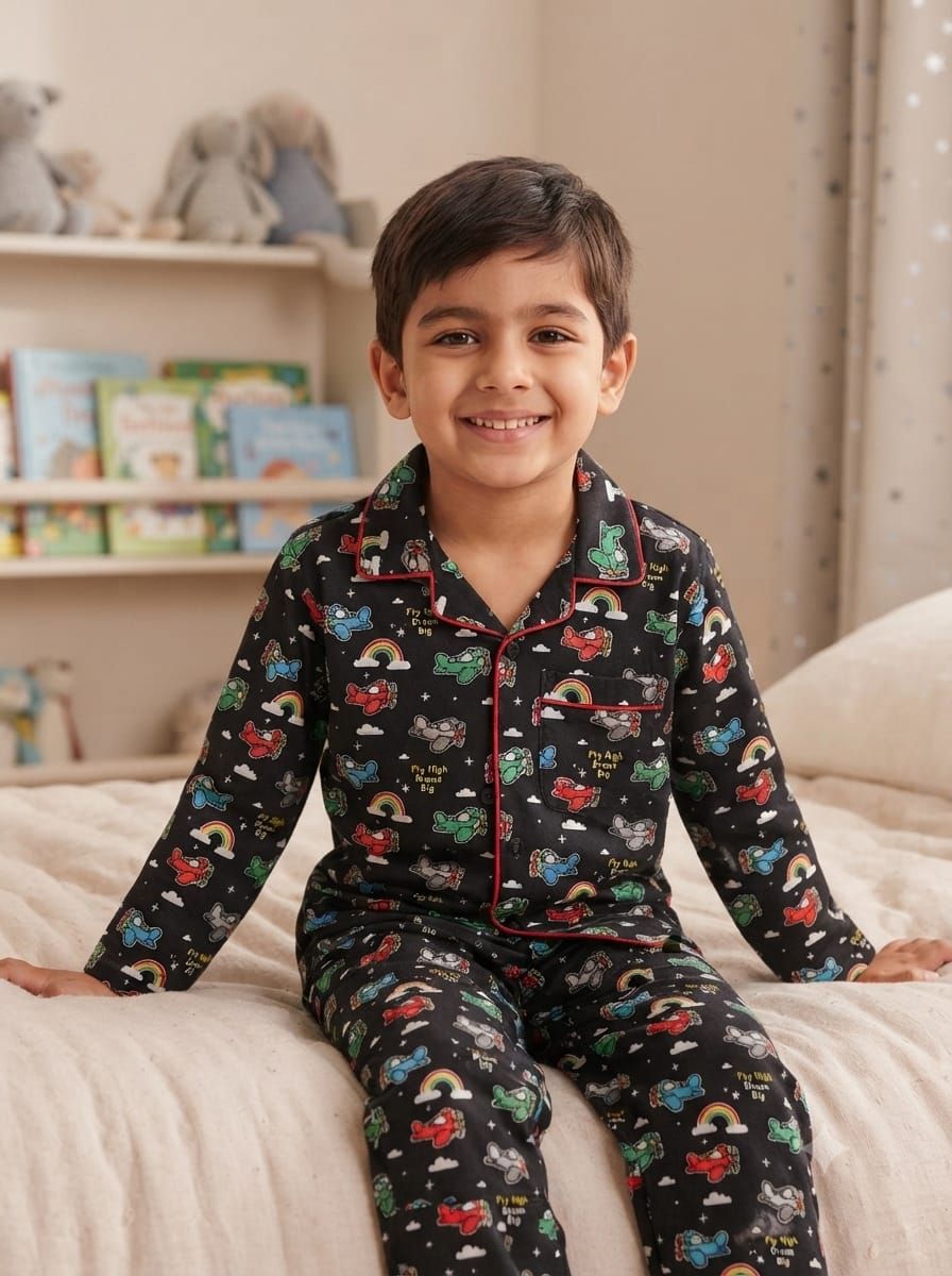 A young boy smiling while sitting on a bed, wearing a black long-sleeve pajama set with a colorful cartoon pattern of cars, rainbows, and clouds. The pajamas have red piping along the collar, cuffs, and placket.