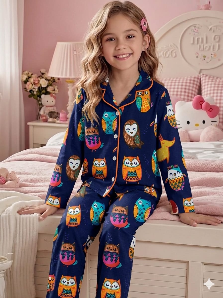 🦉💖Kids Printed Night Suit Set GIRL Cotton Nightwear Soft & Comfortable Sleepwear