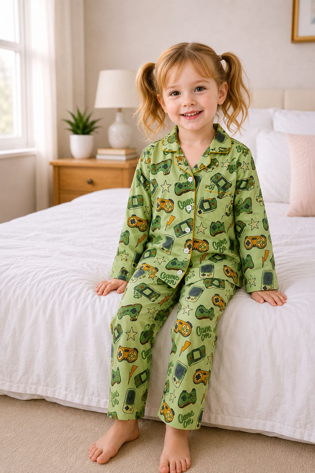 A young girl with blonde pigtails sits on a white bed wearing a light green long-sleeve pajama set with a retro video game controller pattern. The room is softly lit with natural light from a window in the background.