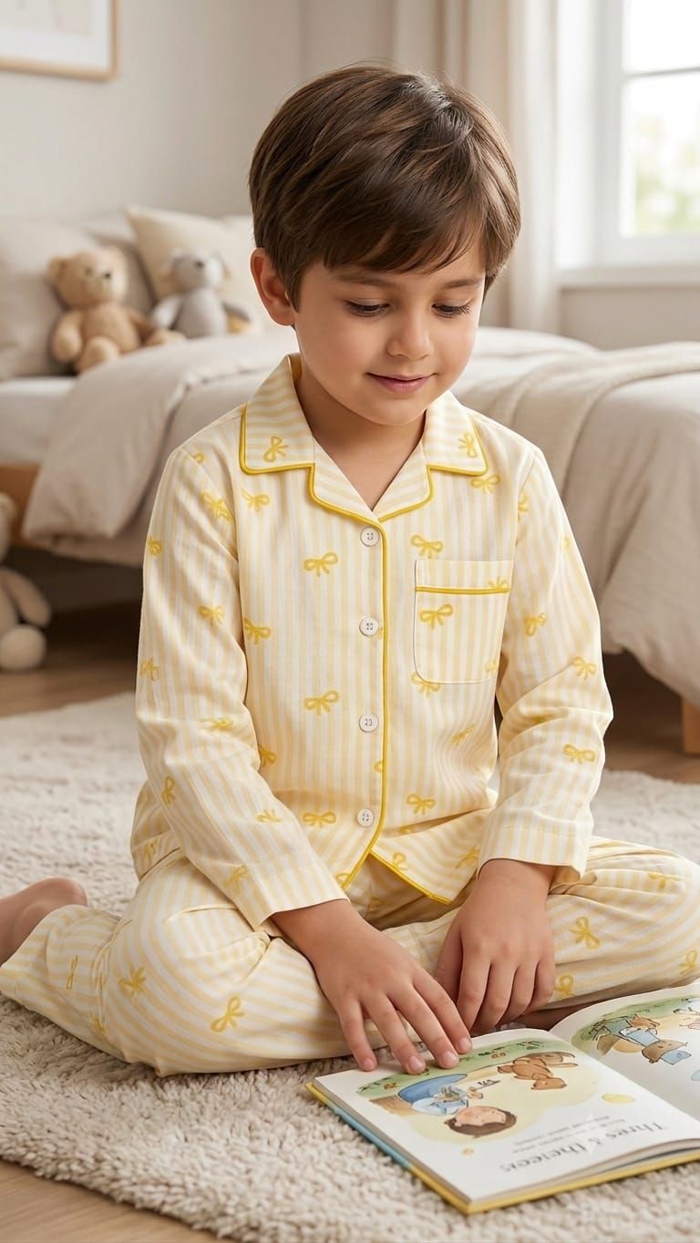 A young boy sitting on a cream rug in a cozy bedroom, wearing a pale yellow and white striped pajama set with yellow bow patterns. He is looking down at an open book.