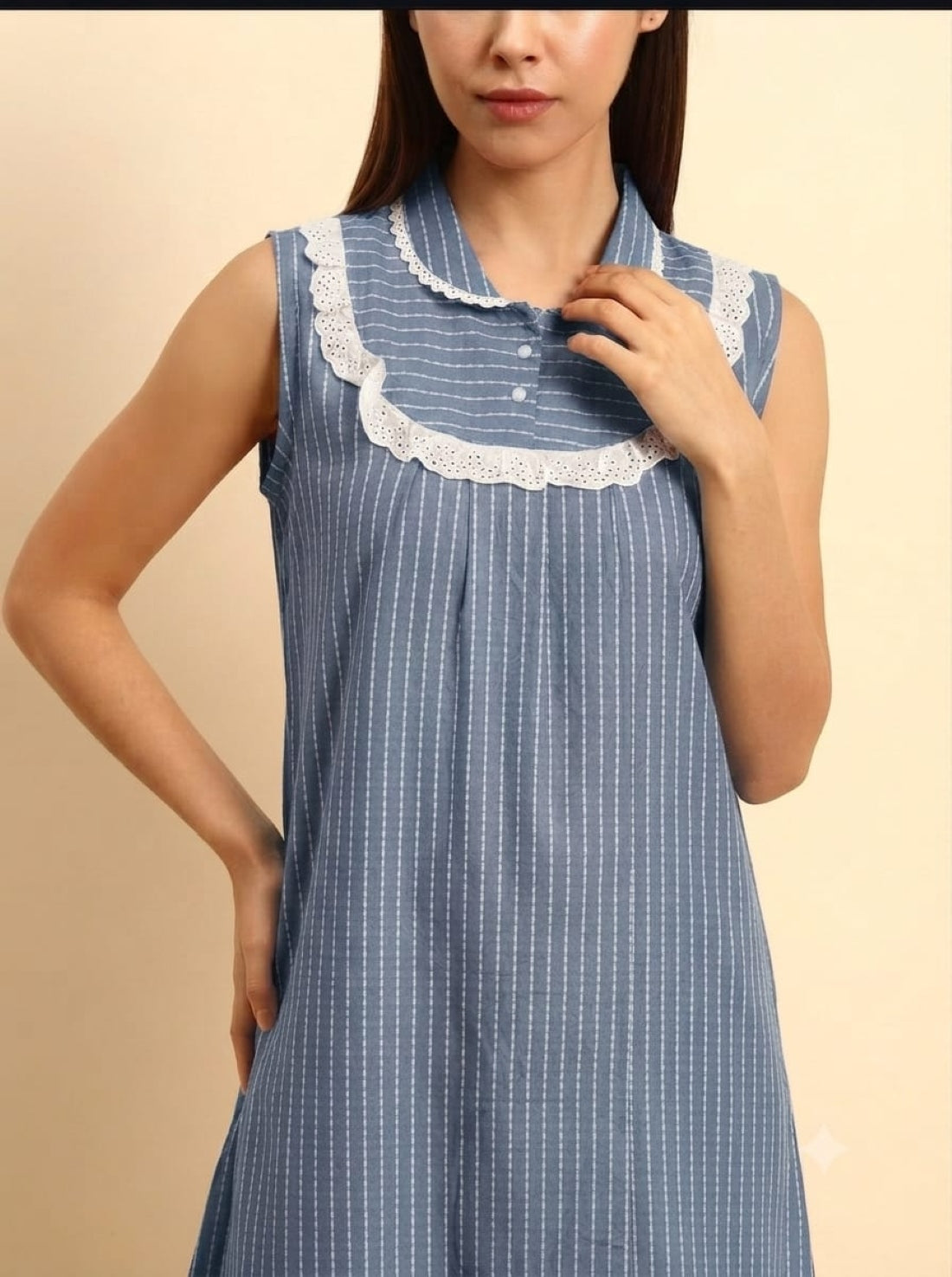 Sephani Women's Blue Striped Cotton Nightgown with Peter Pan Collar & Lace Trim | Sleeveless Maxi Nightdress