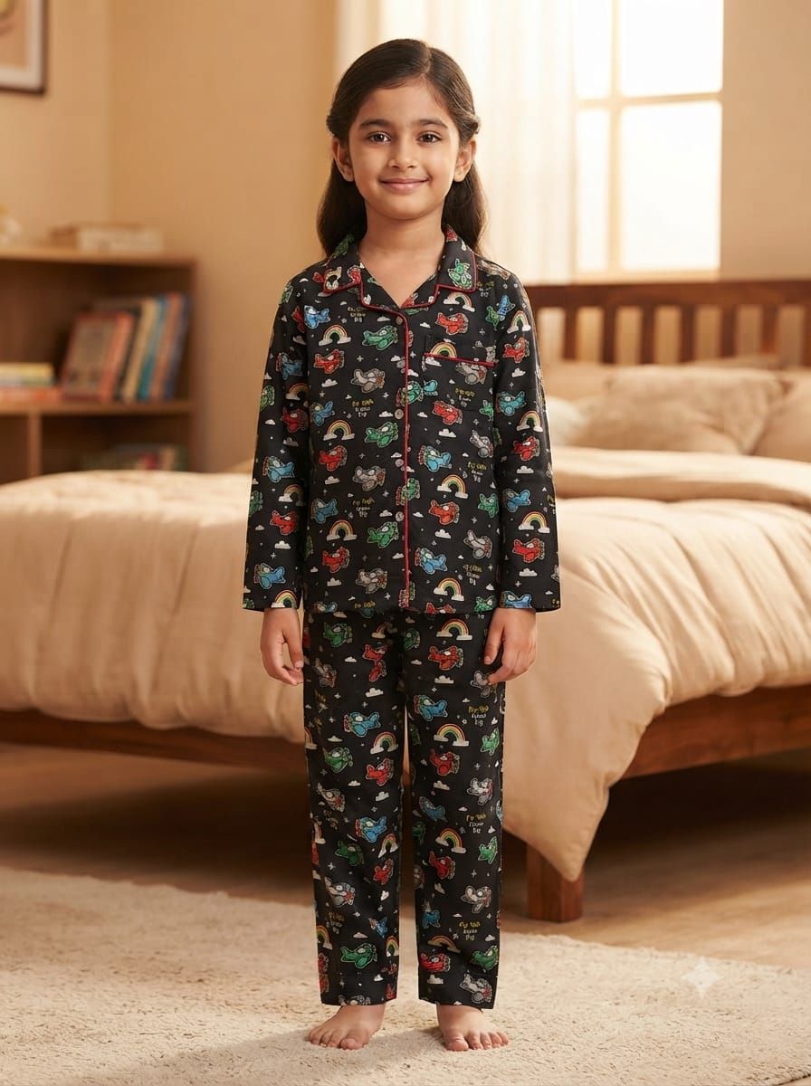 A young girl stands barefoot in a bedroom wearing a black long-sleeve pajama set with a colorful cartoon pattern. The set includes a button-up top and matching pants.