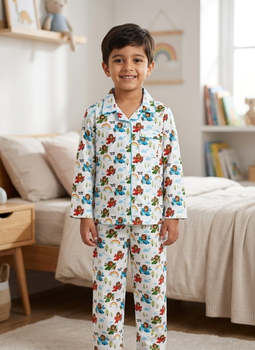 A young boy stands in a child's bedroom wearing a matching long-sleeve pajama set with a colorful cartoon animal and rainbow print on a white background.