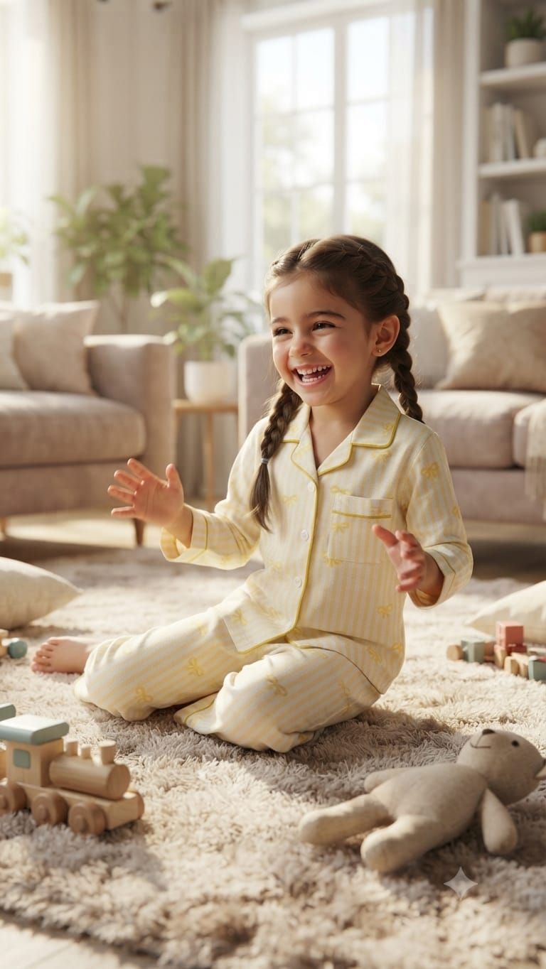 A young girl with braided hair sits smiling on a fluffy cream rug in a bright living room, wearing pale yellow pajamas with subtle vertical stripes. Wooden toy blocks and a plush teddy bear are scattered around her.