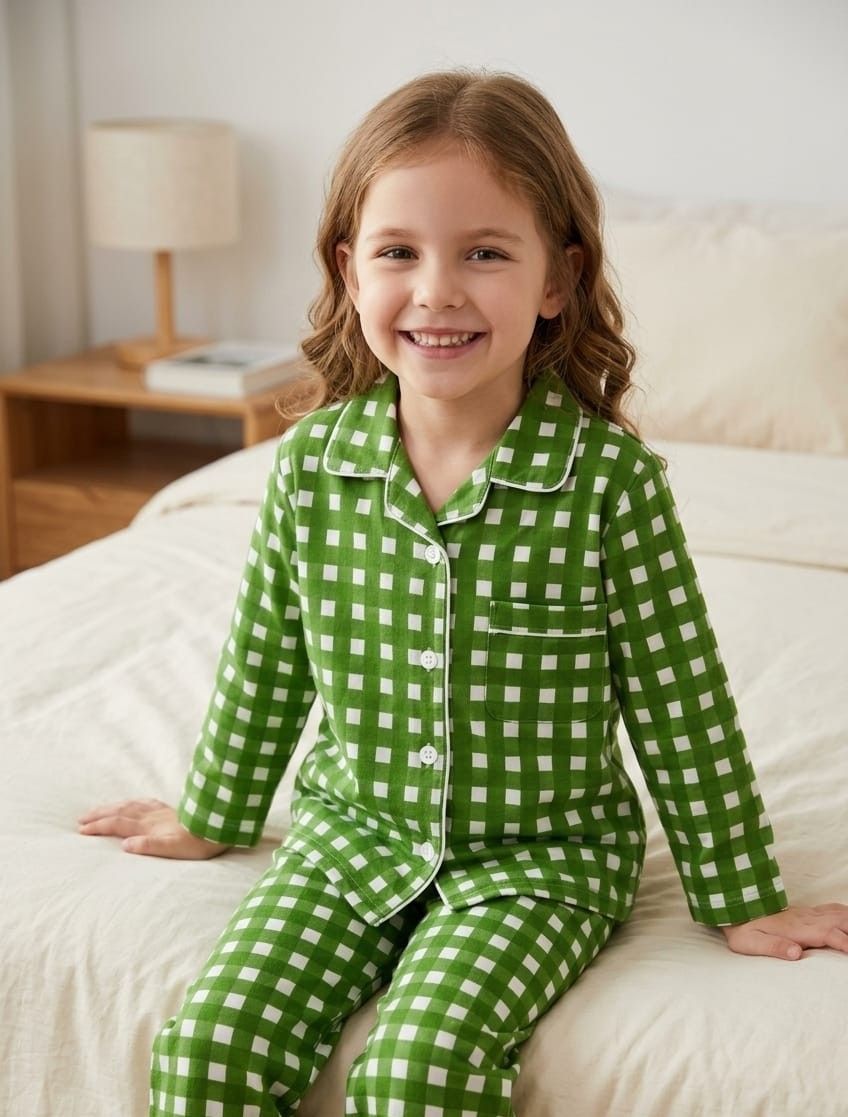 A young girl with light brown hair sits smiling on a bed wearing a green and white gingham check pajama set with white piping.