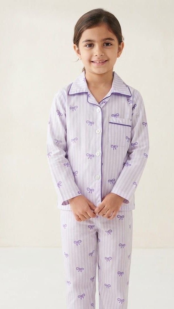 A young girl wearing a light purple and white striped pajama set with a bow pattern, standing against a plain off-white background.